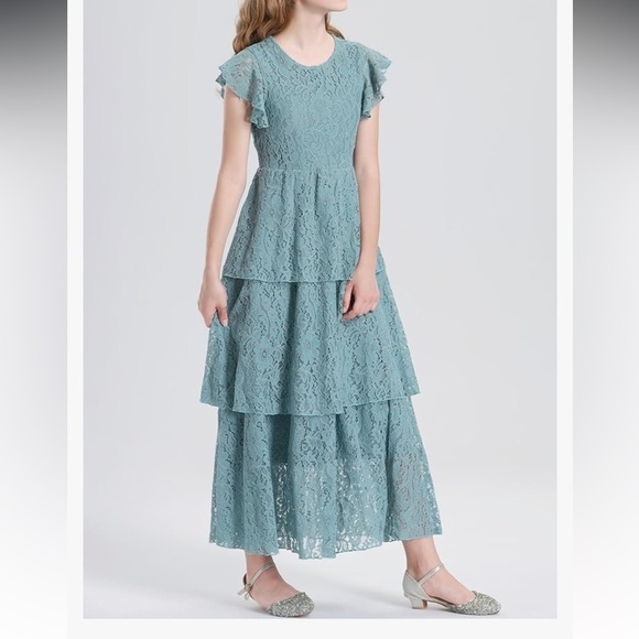 Girls Lace Maxi, Ruffle Sleeve Crewneck Tiered A-Line Swing Wedding Party Dress - Picture 3 of 7